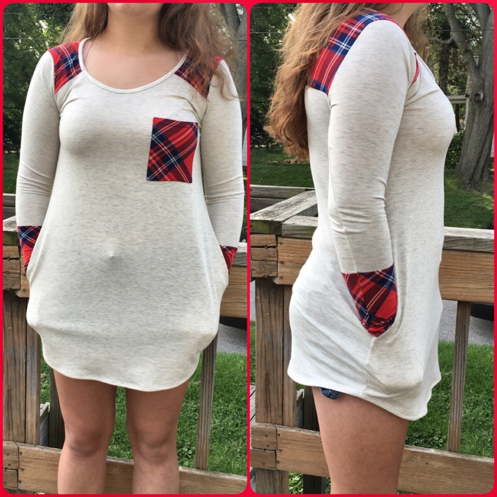 - Red Plaid Colorblock Pocket Tunic! NEW!
